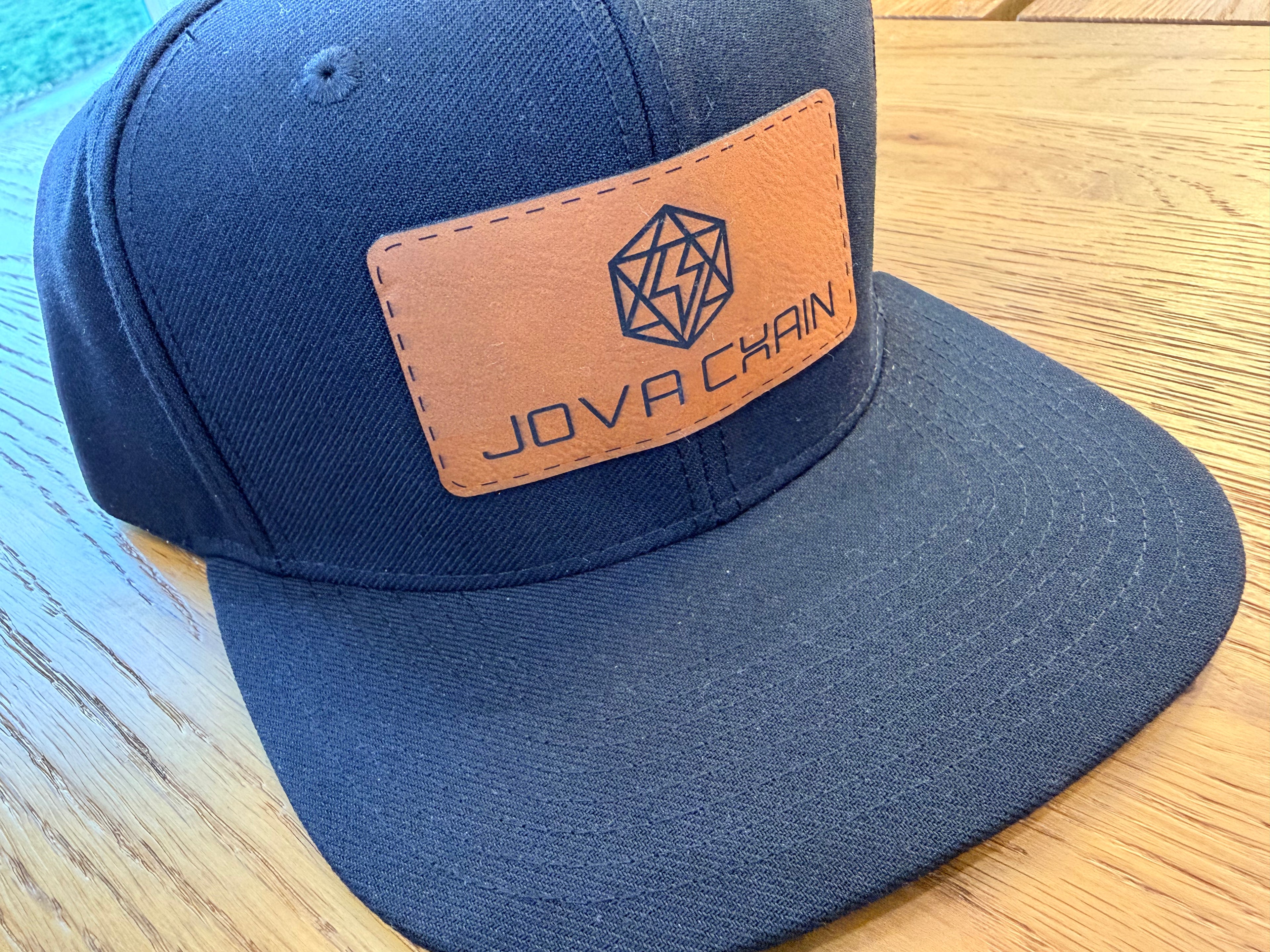 Jova Black Flat Bill SnapBack Leather Patch Cap